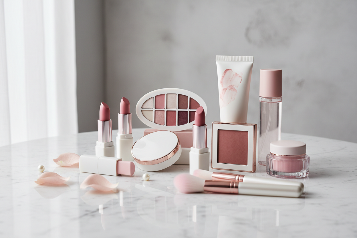 Pink and White makeup on a table laid in an editorial way